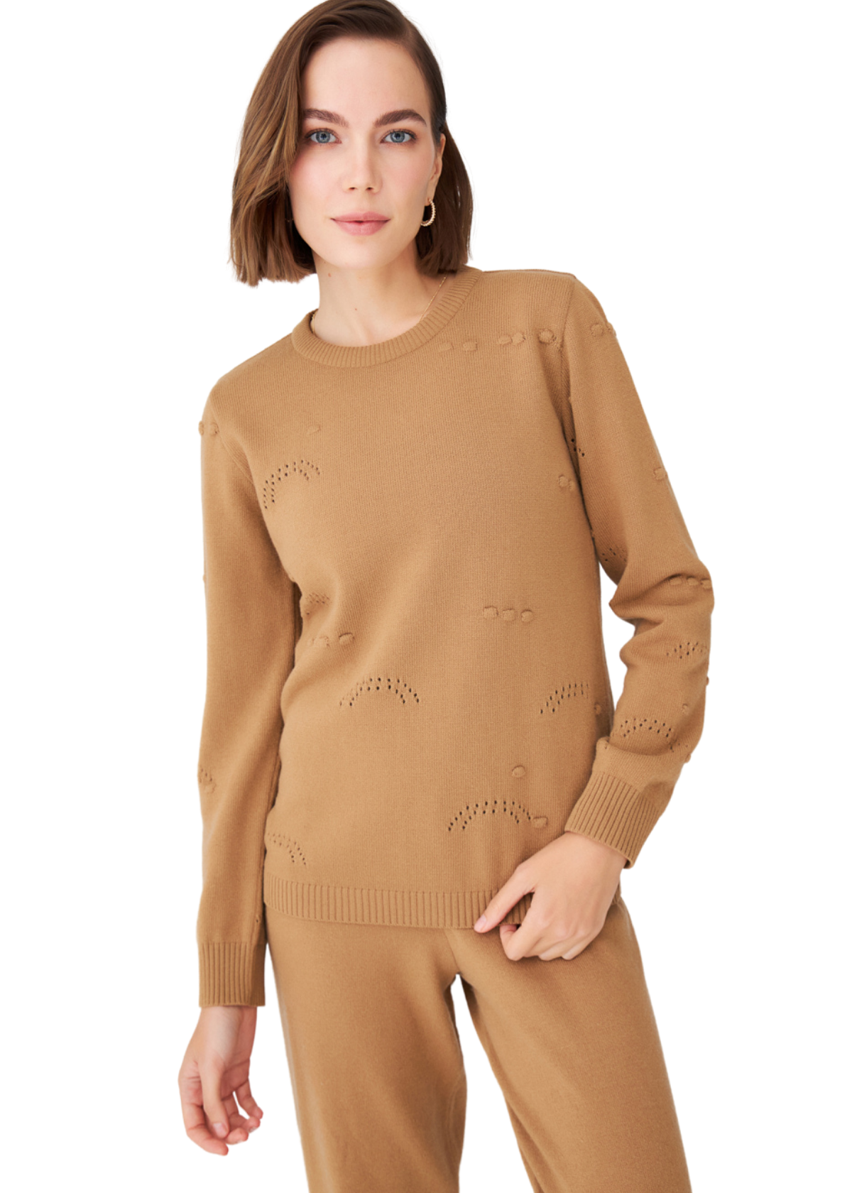 Peraluna geprägter durchbrochener Detail Kaschmirmischung O-Ausschnitt Strickpullover - Bild 33 von 36